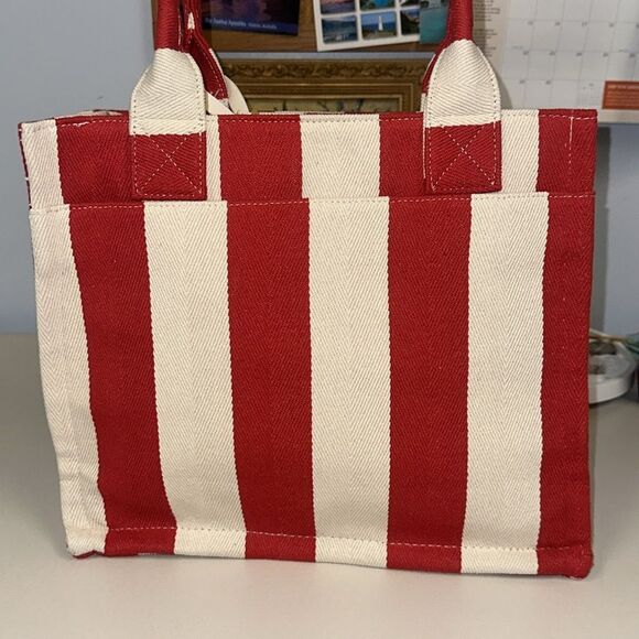 RAE DUNN Large Rare Retro Red Ivory Stripe Woven Canvas Bonjour Shopper Tote - Picture 3 of 15